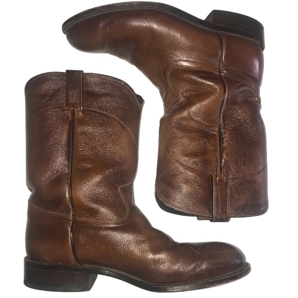 Dan Post Roper Leather Cowboy Western Boots Brown Pull On Style #6587 Mens 9 - Picture 1 of 10